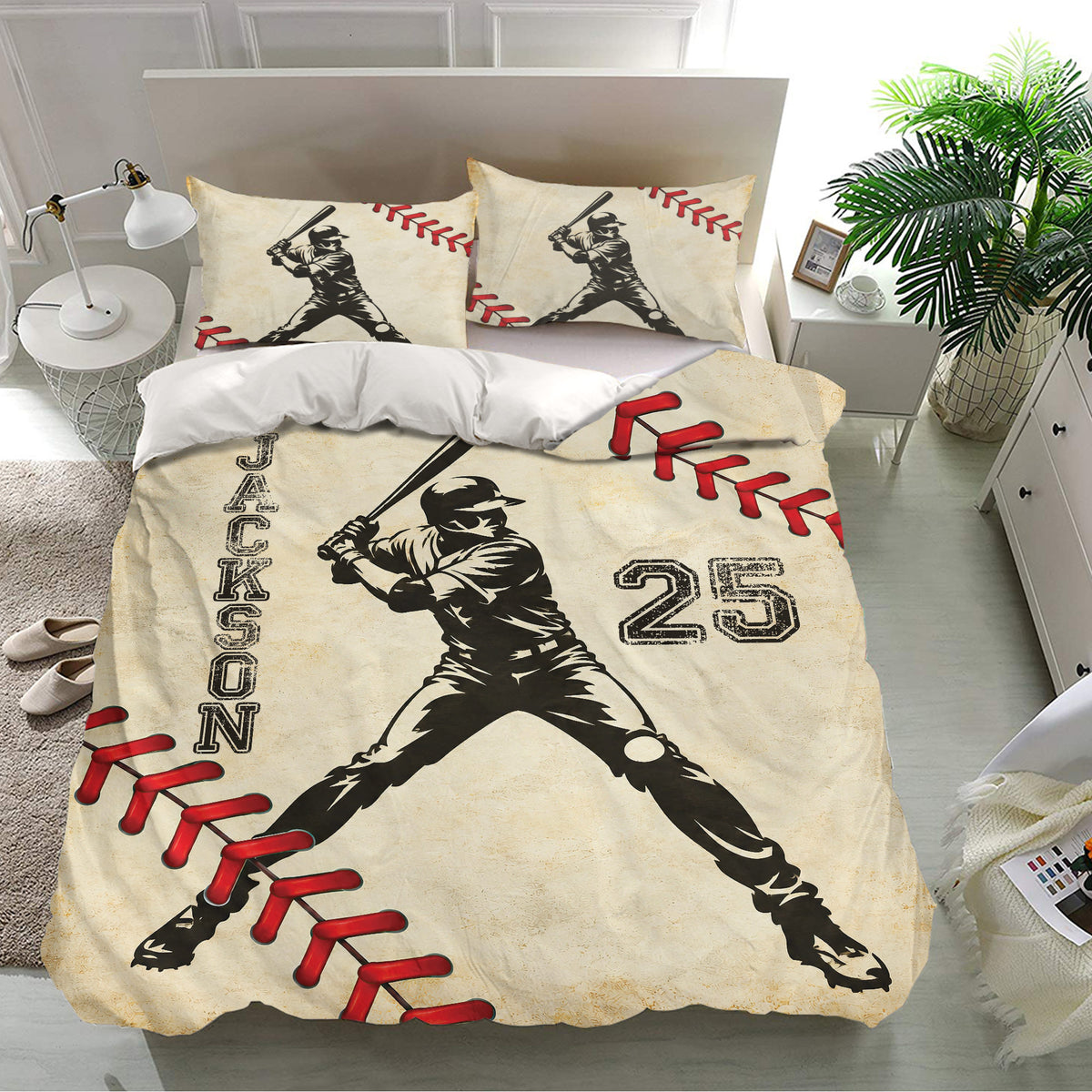 Baseball duvet cover and matching pillowcases presented in a bright modern bedroom