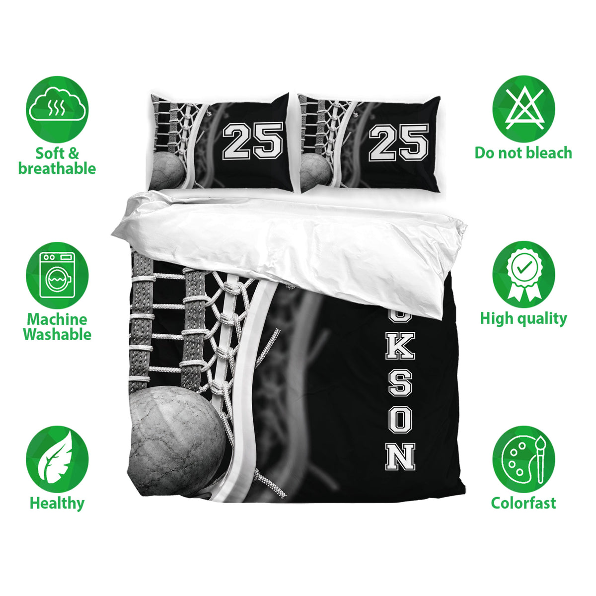 Lacrosse bedding set displayed with matching pillowcases and soft breathable fabric feature icons
