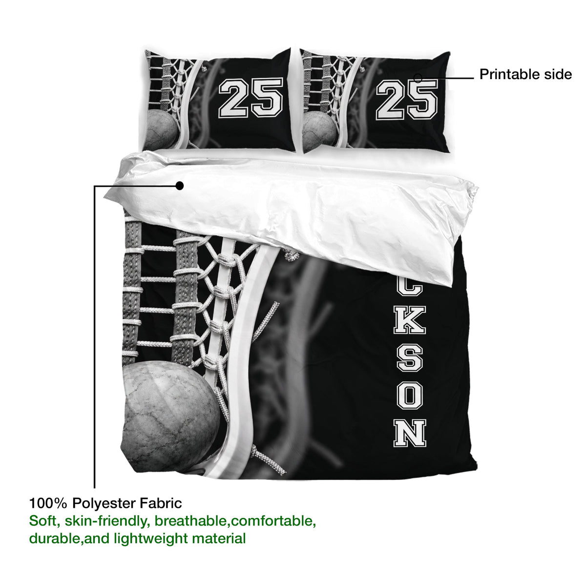 Lacrosse duvet cover bedding set showing the printed front design and lightweight polyester fabric detail