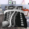 Black lacrosse duvet cover set presented in a bedroom with matching pillows and sports-inspired decor
