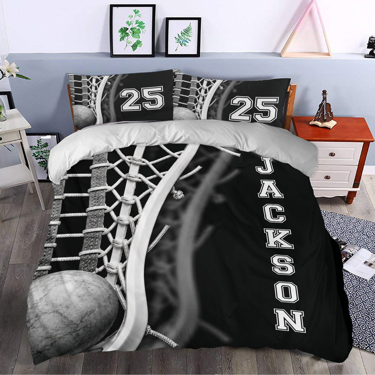 Black lacrosse duvet cover set presented in a bedroom with matching pillows and sports-inspired decor