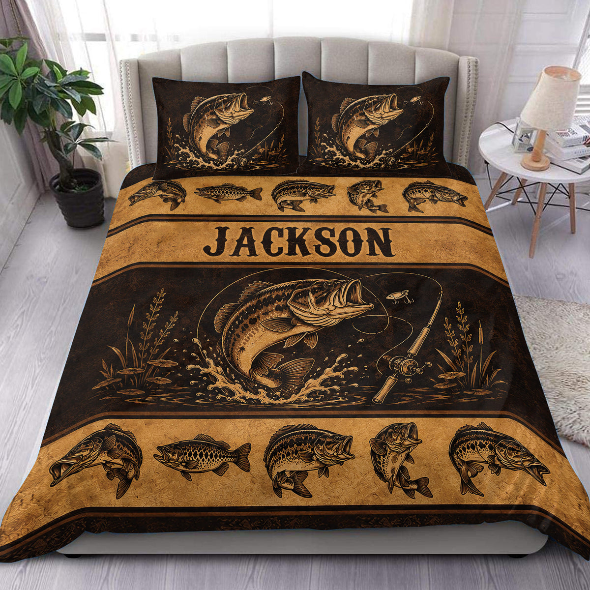 Fishing duvet cover set displayed on a bed with bass fish, fishing rods, lures, and dark bronze artwork