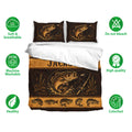 Fishing bedding set shown with bass artwork, matching pillowcases, and soft breathable fabric feature icons