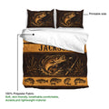 Fishing duvet cover set showing bass artwork, printable side, and 100% polyester fabric information