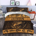 Fishing duvet cover set styled in a bedroom with bass fish, lures, rods, and bronze botanical artwork