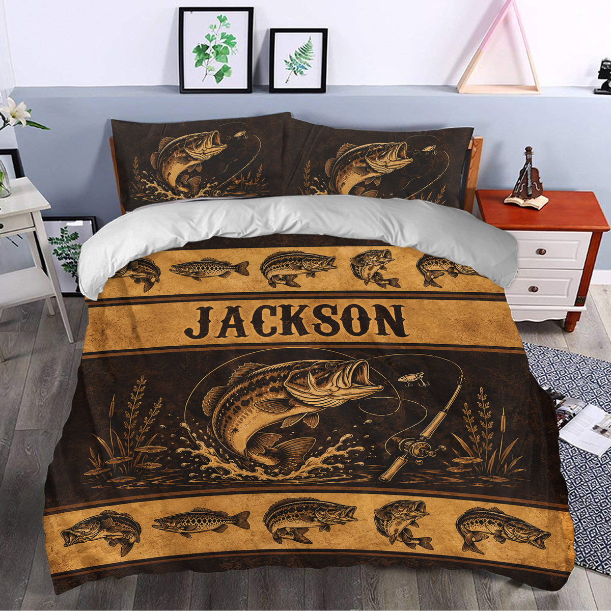 Fishing duvet cover set styled in a bedroom with bass fish, lures, rods, and bronze botanical artwork