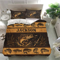 Fishing bedding set displayed in a bright bedroom with bass fish artwork and matching decorative pillowcases