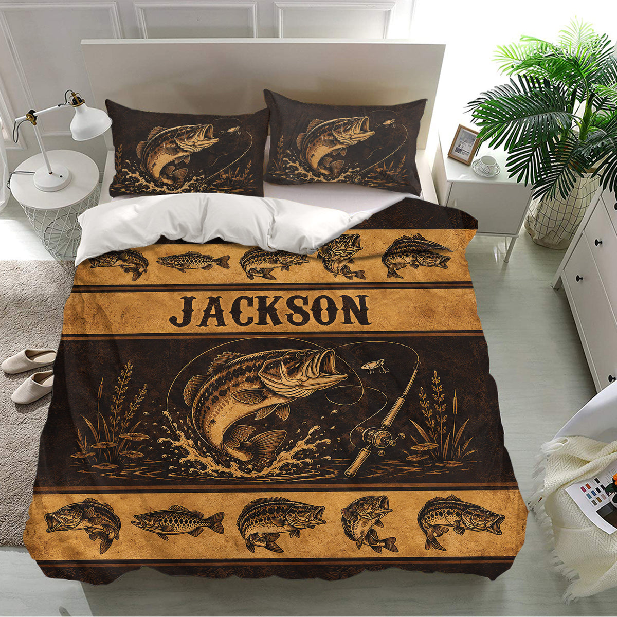 Fishing bedding set displayed in a bright bedroom with bass fish artwork and matching decorative pillowcases