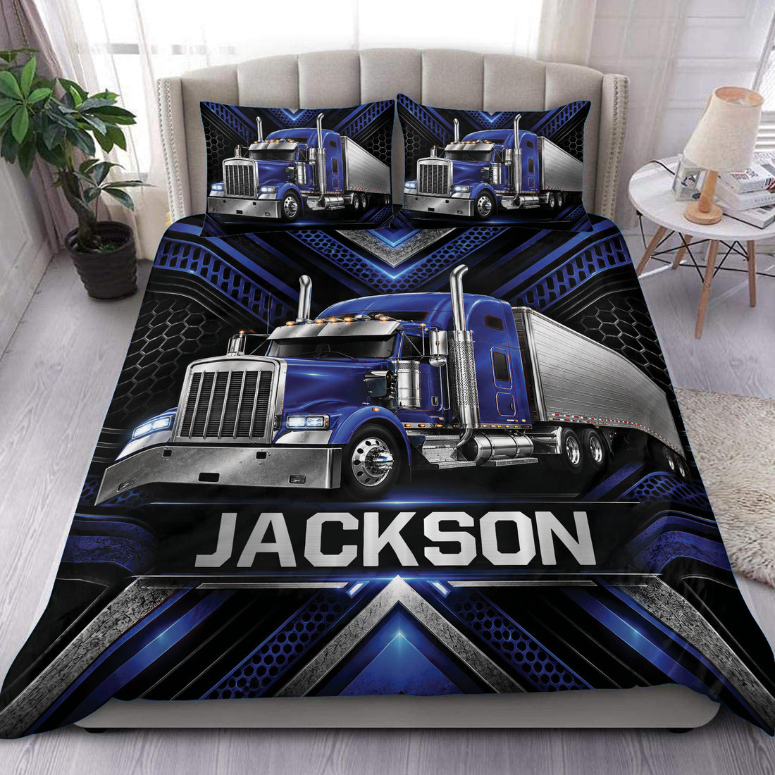 Blue semi truck duvet cover set styled on a bed with matching truck-themed pillowcases