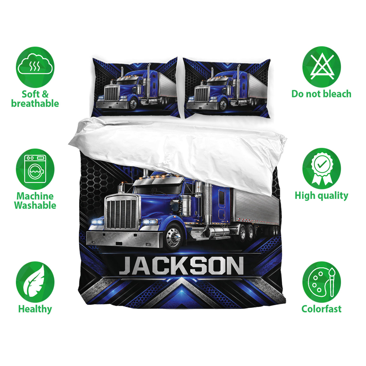 Blue truck duvet cover bedding set displayed with matching pillowcases and care feature icons