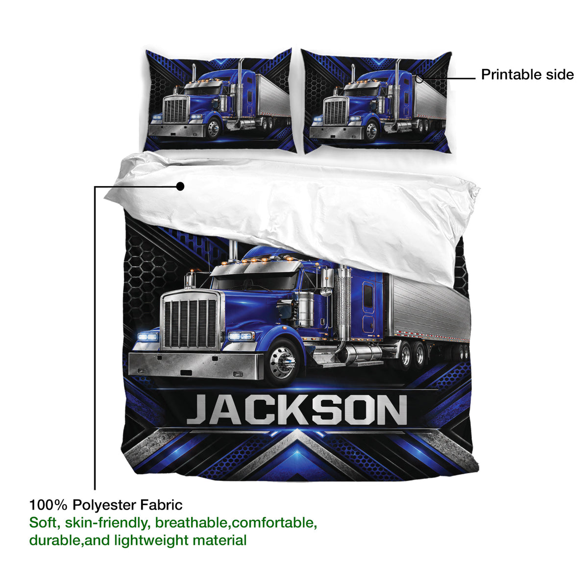 Blue semi truck bedding set showing the printable side and soft polyester fabric detail