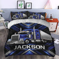 Blue semi truck duvet cover set styled in a bedroom with bold black and blue geometric accents