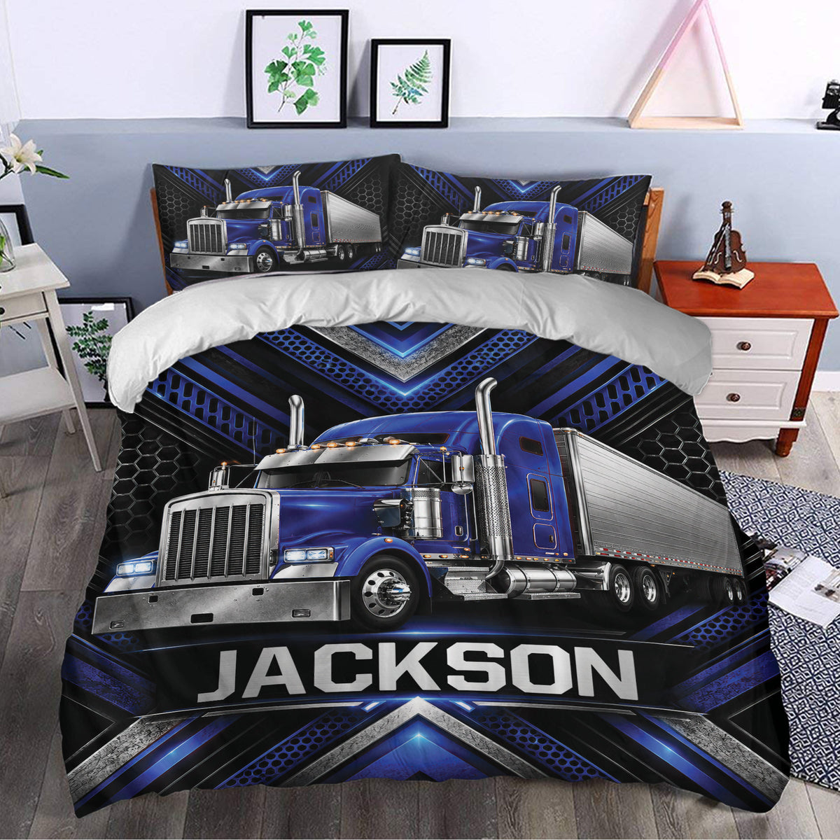 Blue semi truck duvet cover set styled in a bedroom with bold black and blue geometric accents
