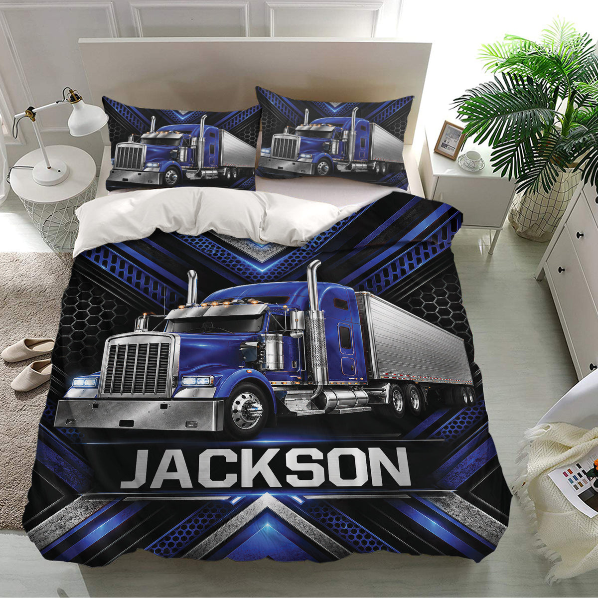 Trucker duvet cover bedding set displayed in a modern bedroom with matching truck pillowcases