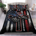 Motocross duvet cover set with dirt bike rider artwork in red, white, blue, and black bedroom decor
