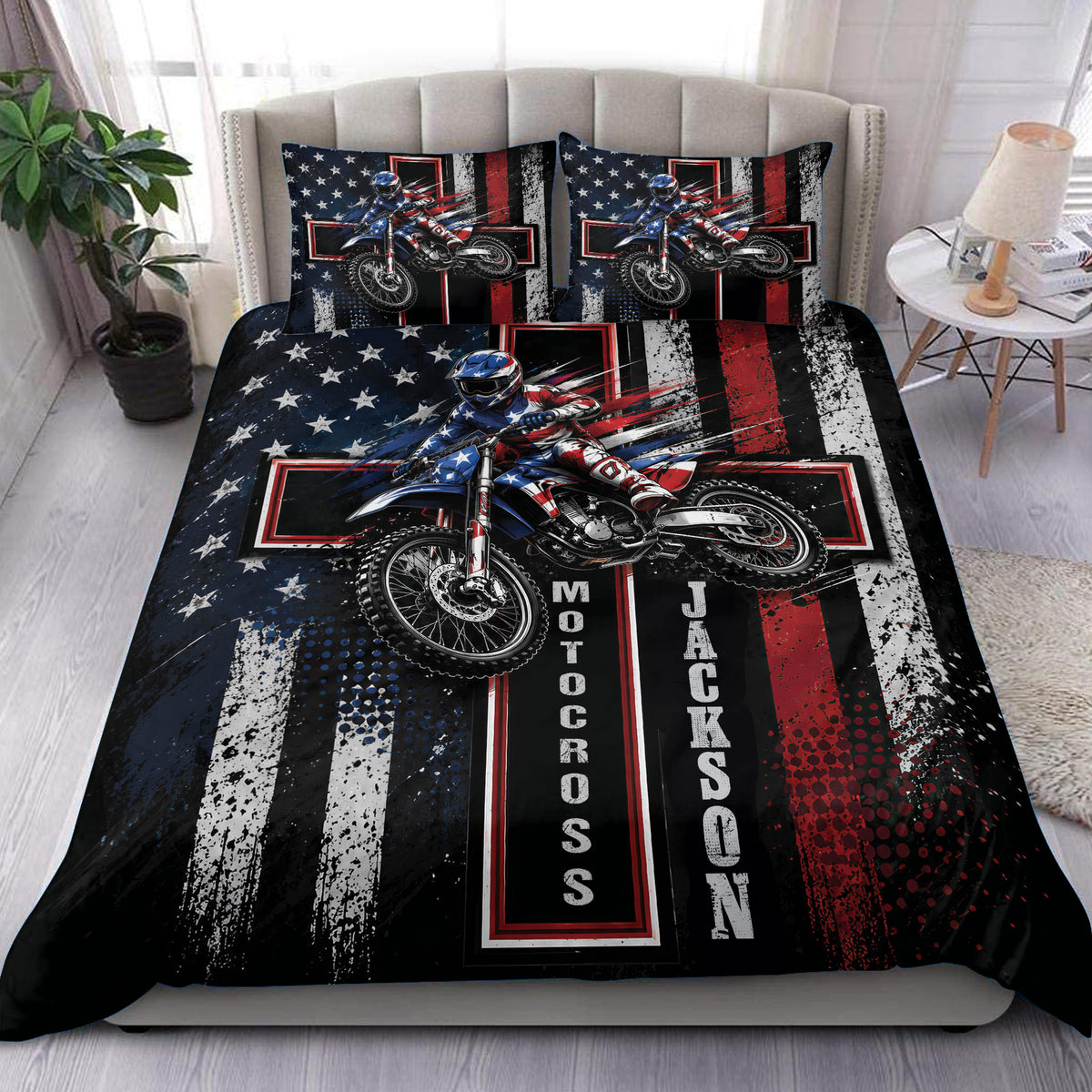 Motocross duvet cover set with dirt bike rider artwork in red, white, blue, and black bedroom decor