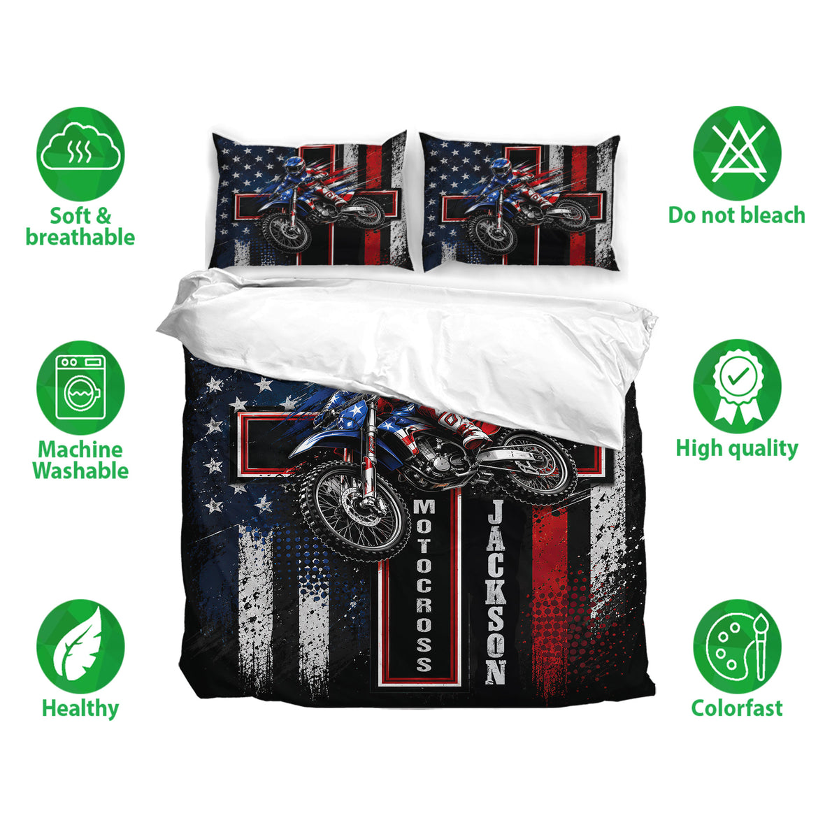 Motocross bedding set displayed with matching dirt bike pillowcases and bold patriotic-inspired artwork