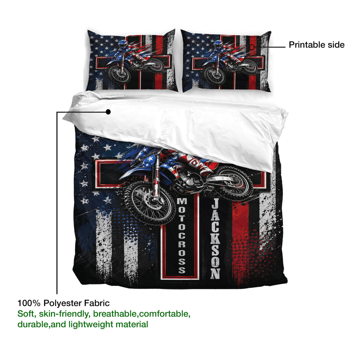 Motocross duvet cover bedding set showing a dirt bike rider design and soft breathable fabric presentation