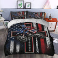 Motocross duvet cover set styled in a bedroom with matching rider pillowcases and racing-inspired artwork