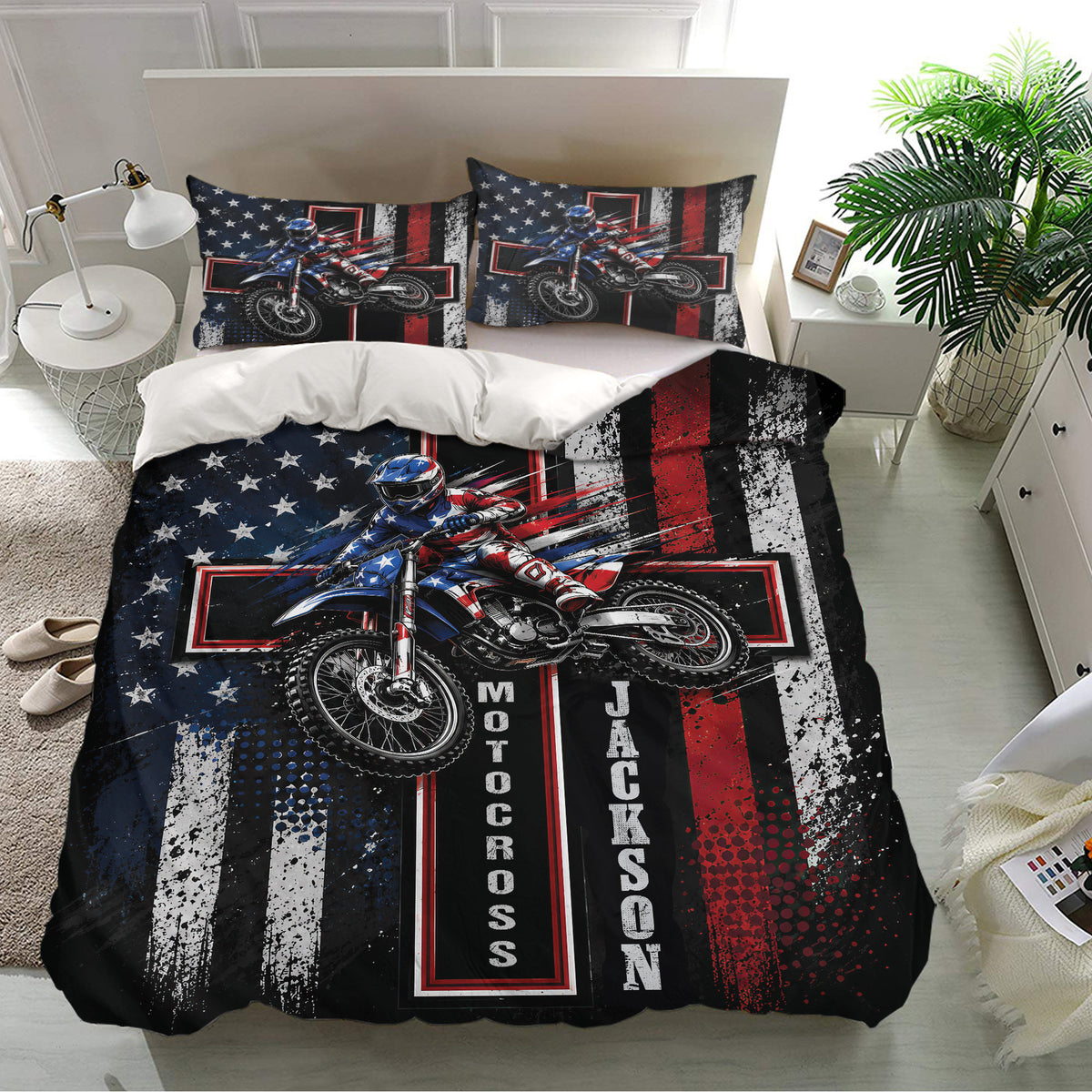 Dirt bike motocross bedding set displayed on a bed with dramatic red, white, blue, and black graphics