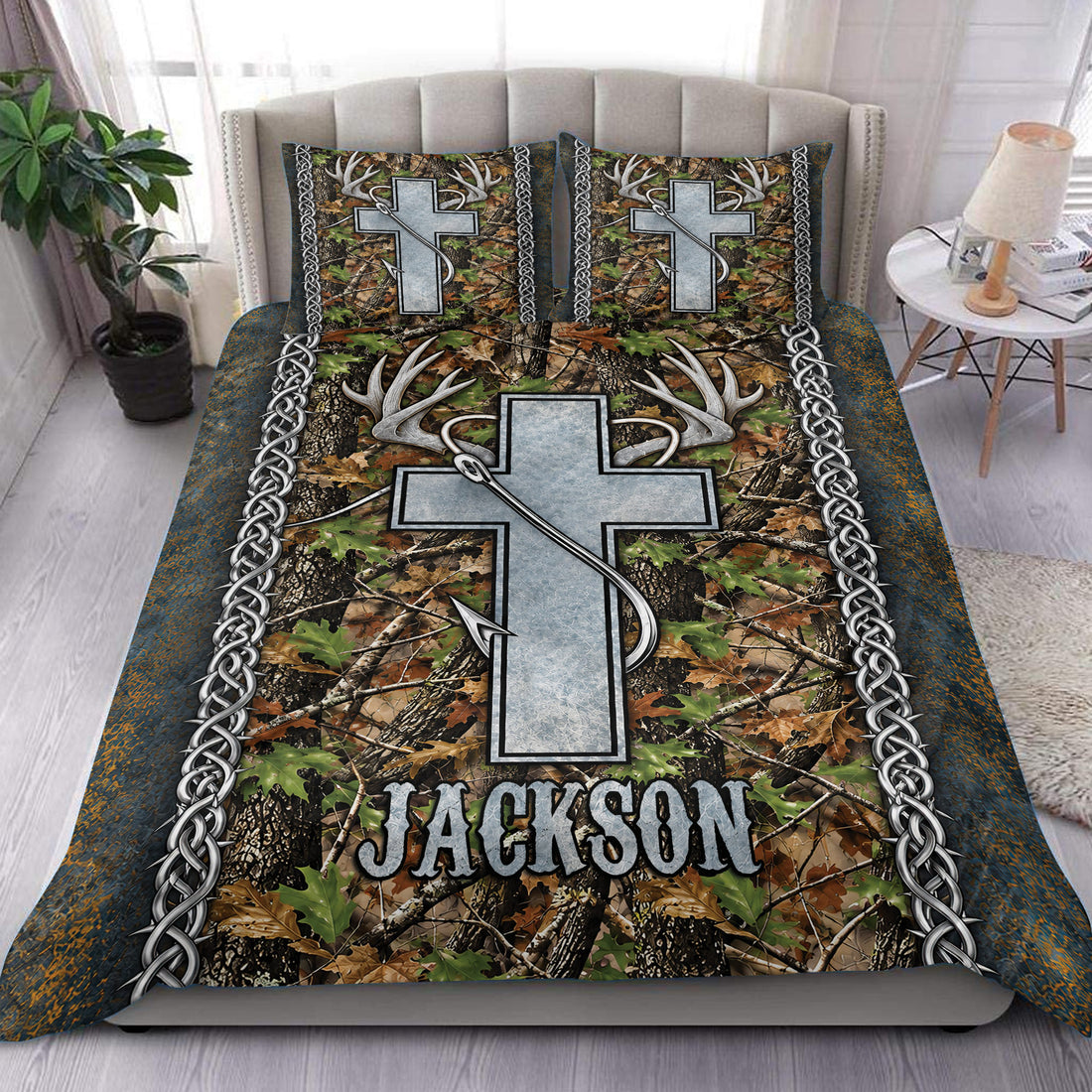 Custom hunting and fishing bedding set with silver Christian cross, deer antlers, fishing hook, woodland camouflage, Celtic knot borders and custom name.