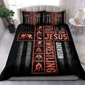 Black and red wrestling duvet cover set styled on a bed with matching pillows and bold faith-inspired artwork