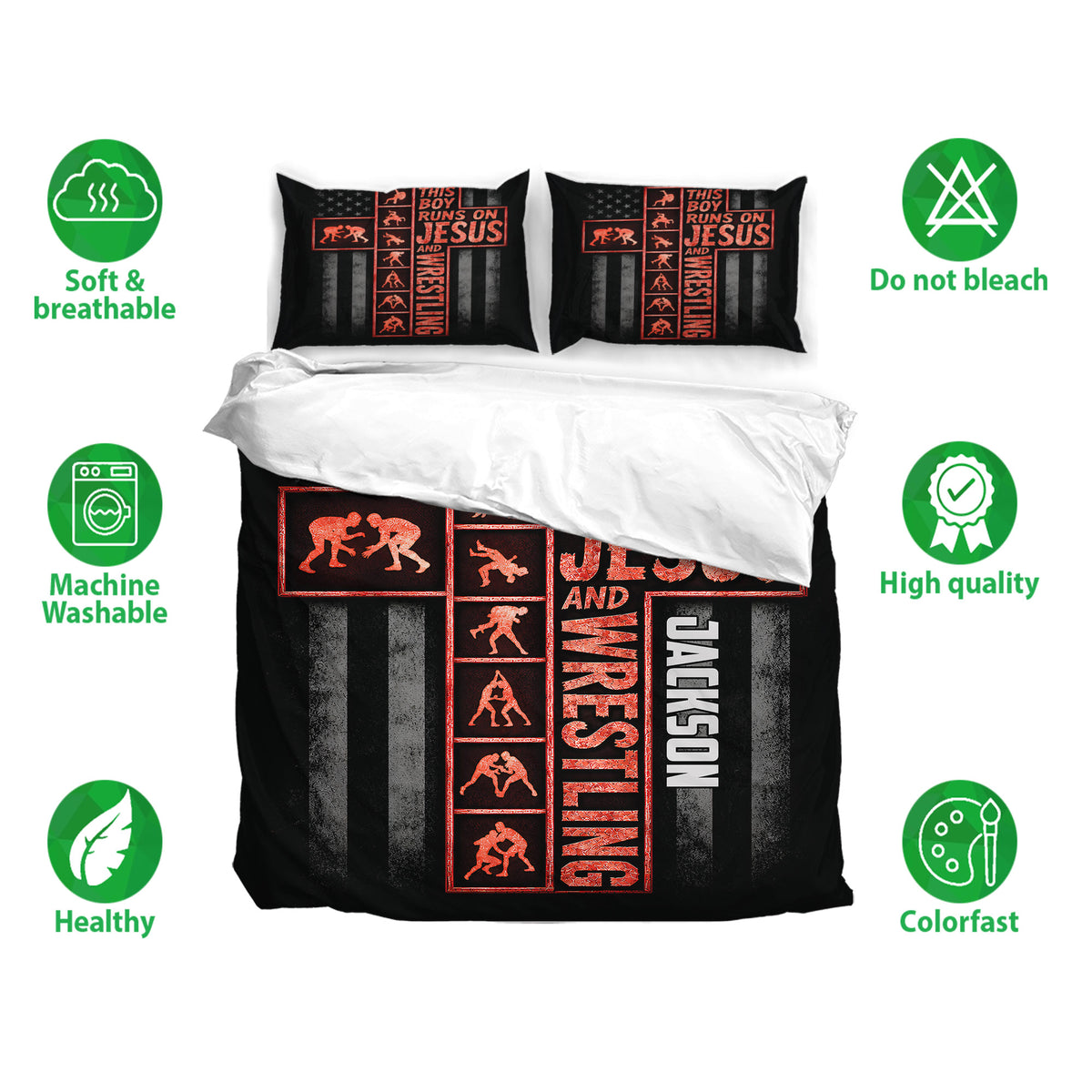 Wrestling duvet cover bedding set displayed with matching pillows and soft, breathable bedding feature icons