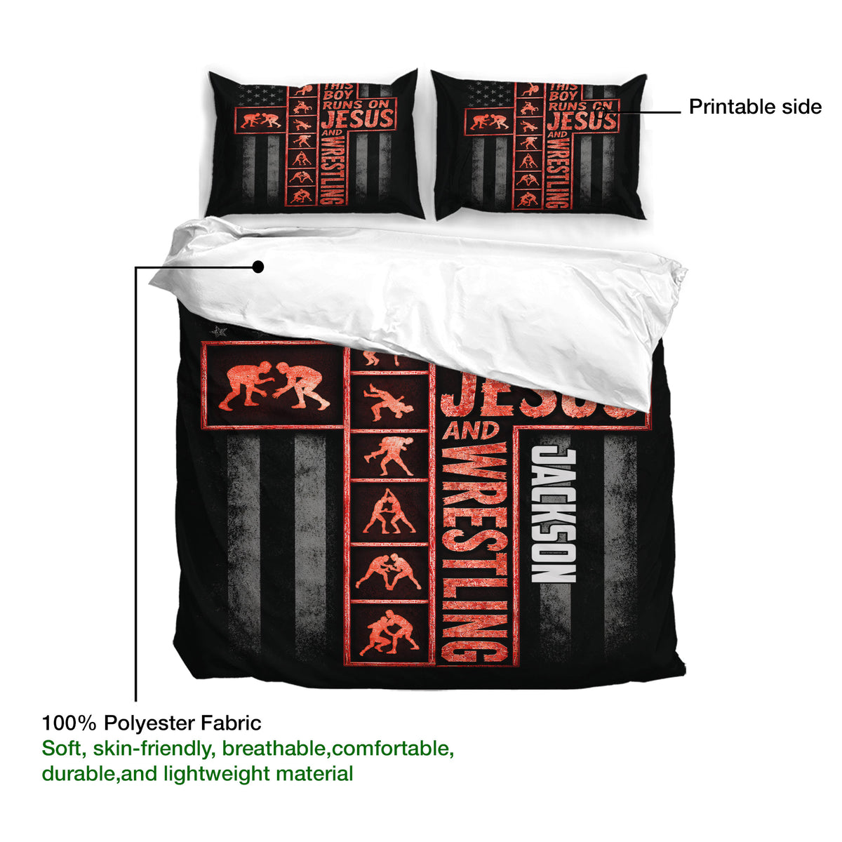 Wrestling duvet cover set detail showing grappling silhouettes, bold lettering, and black and red artwork