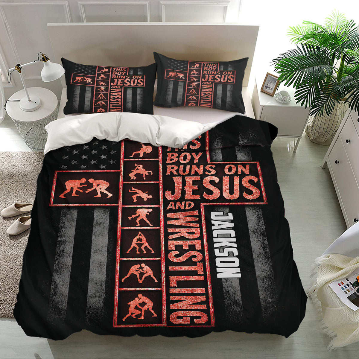Black wrestling duvet cover bedding set with matching pillows, grappling figures, stars, and bold red details