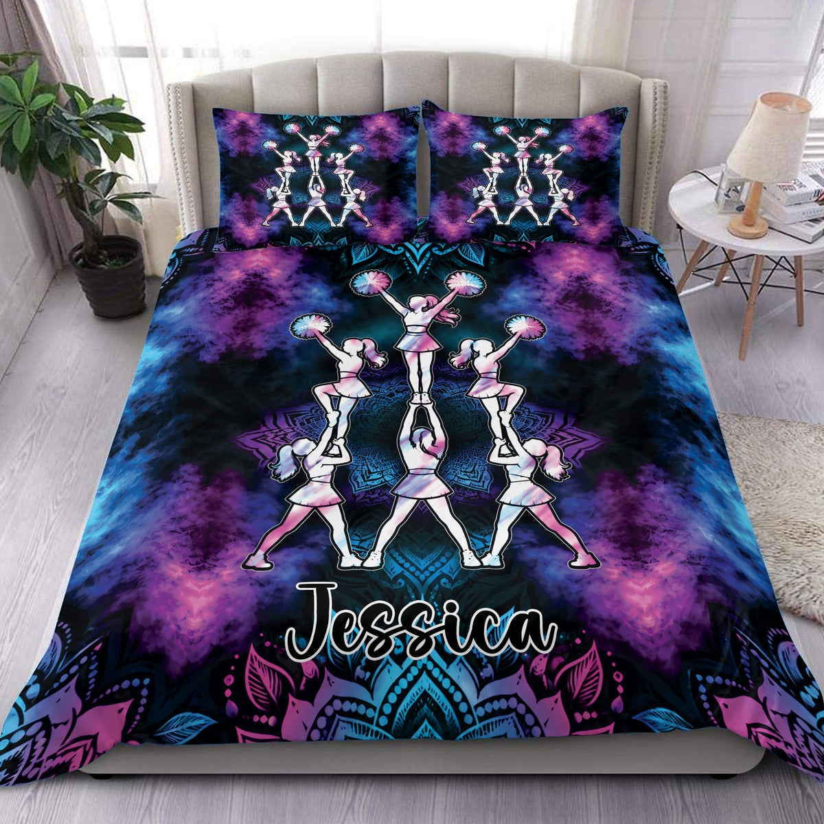 Cheerleading duvet cover set with pom-pom performers, vivid purple and blue artwork, and matching pillowcases