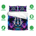 Cheerleading bedding set displayed on a bed with vibrant purple and blue artwork and matching pillowcases