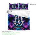 Cheerleading duvet cover artwork with layered performers, colorful pom-poms, and a bold blue and purple design