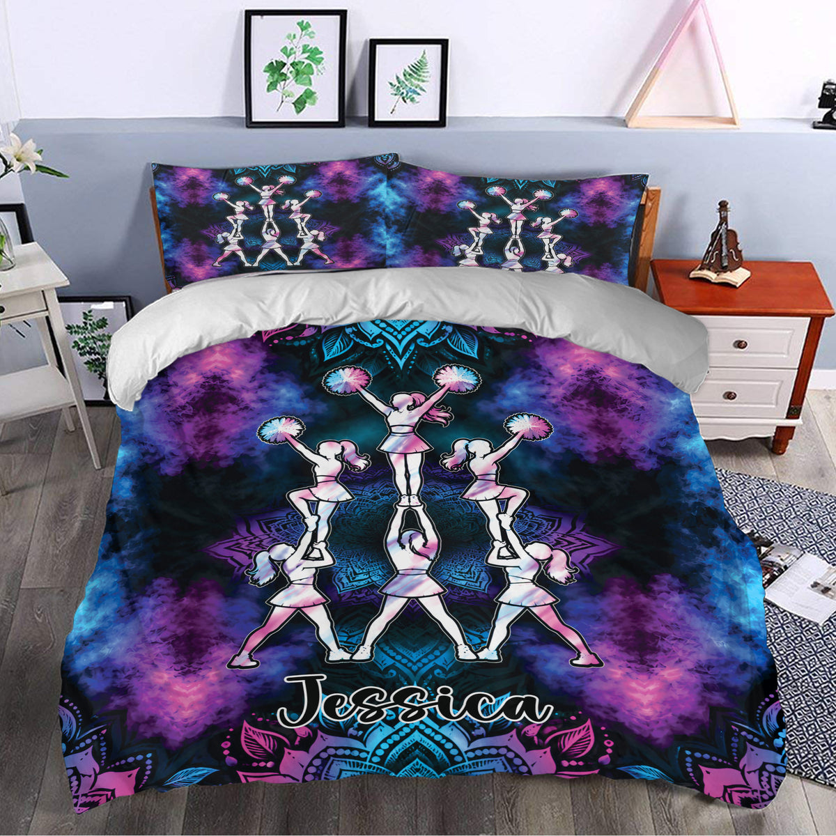 Cheerleading duvet cover set styled in a bedroom with energetic pom-pom artwork and vivid geometric accents