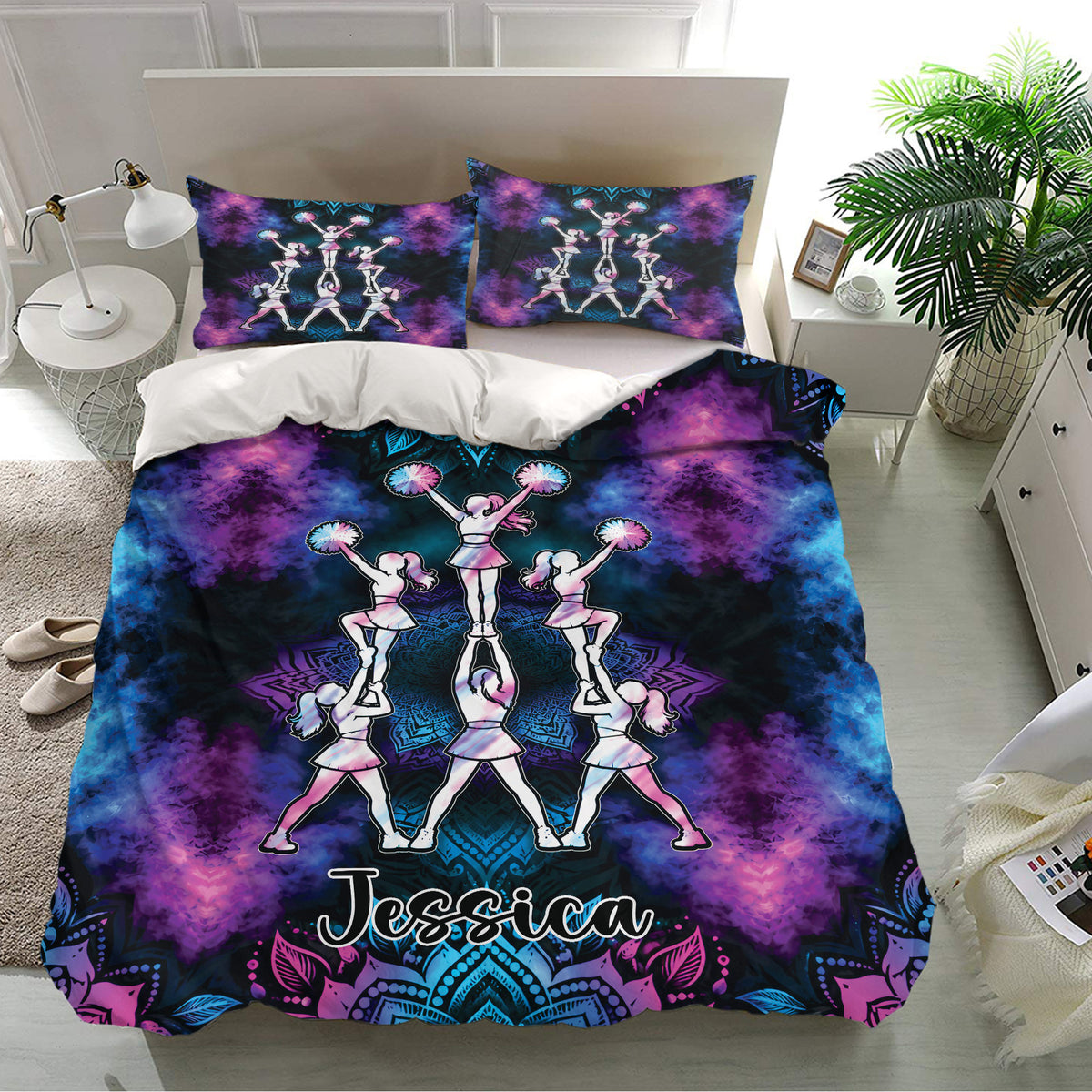 Vibrant cheerleading bedding set with matching pillowcases, colorful performers, and bold purple, blue, and black tones