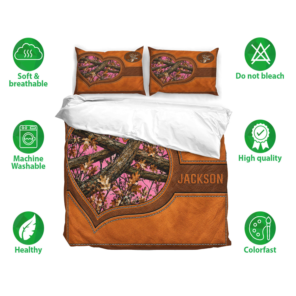 Deer bedding set displayed with soft breathable fabric and machine-washable care features