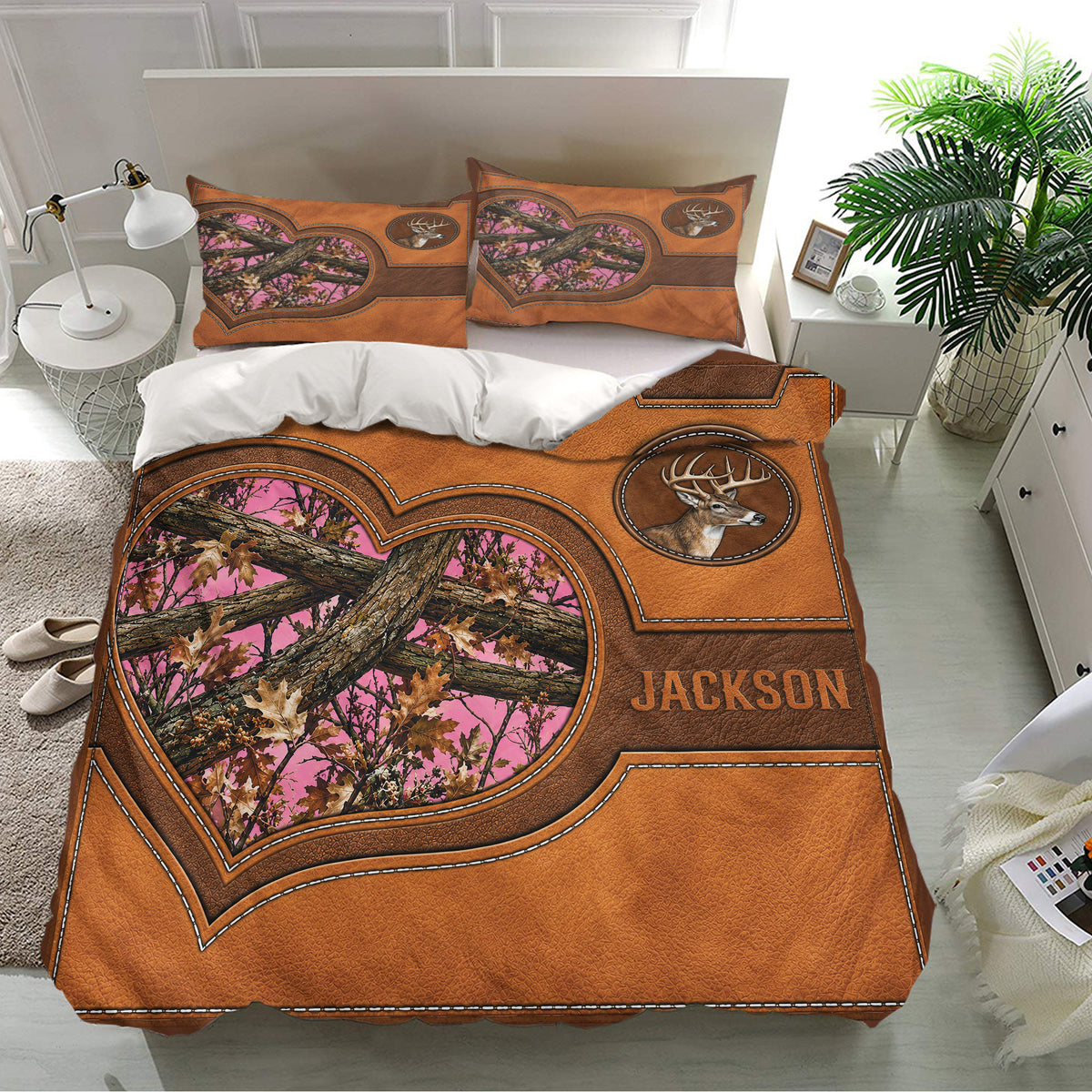 Brown deer duvet cover set with pink woodland camouflage artwork in a bright bedroom
