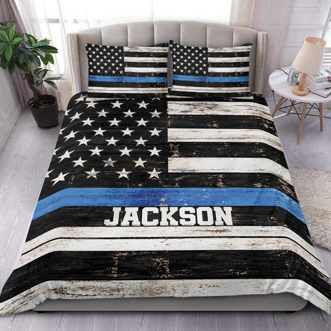 Police duvet cover set displayed on a bed with a distressed thin blue line flag design