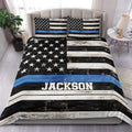 Police duvet cover set displayed on a bed with a distressed thin blue line flag design