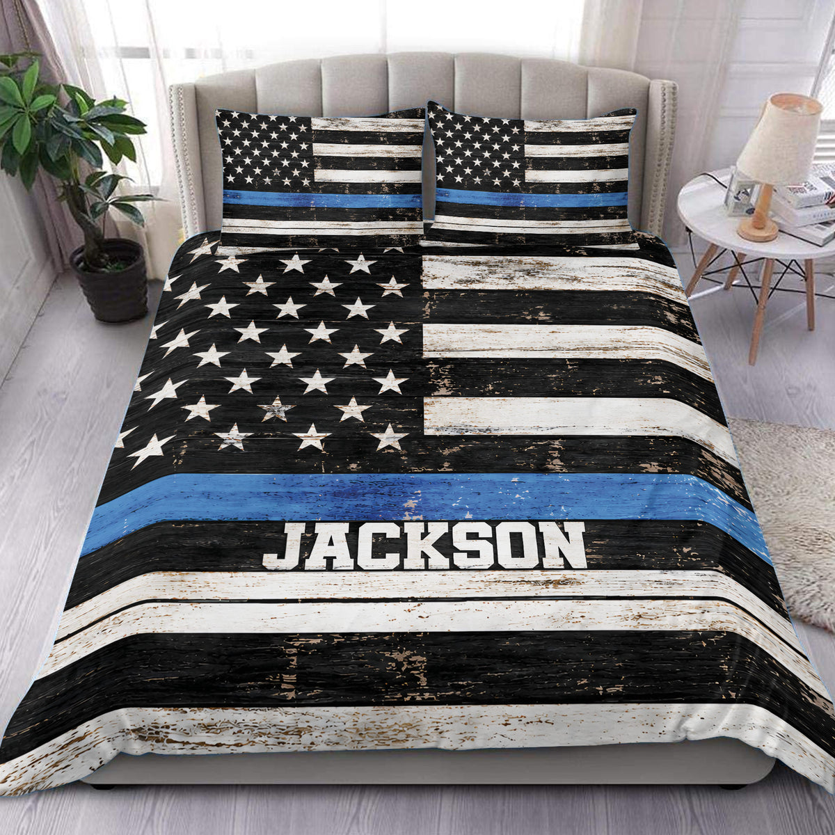 Police duvet cover set displayed on a bed with a distressed thin blue line flag design