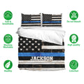 Police bedding set with thin blue line flag artwork shown with soft breathable fabric icons
