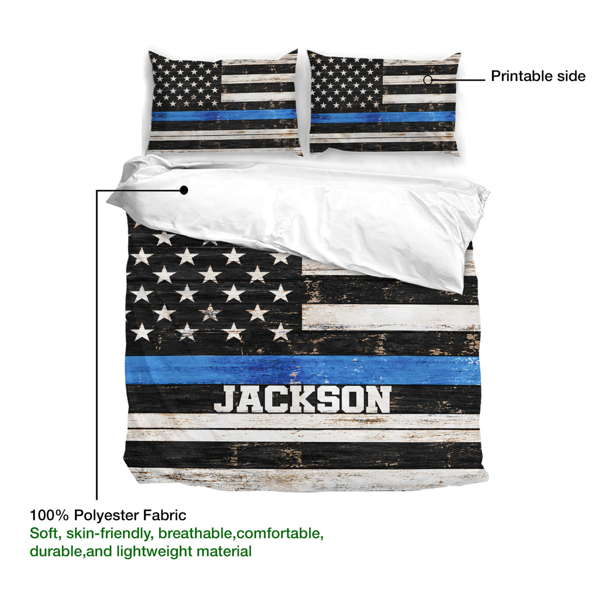 Police duvet cover bedding set showing the printable side and lightweight polyester fabric