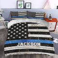 Thin blue line police duvet cover set styled in a modern bedroom with matching pillowcases
