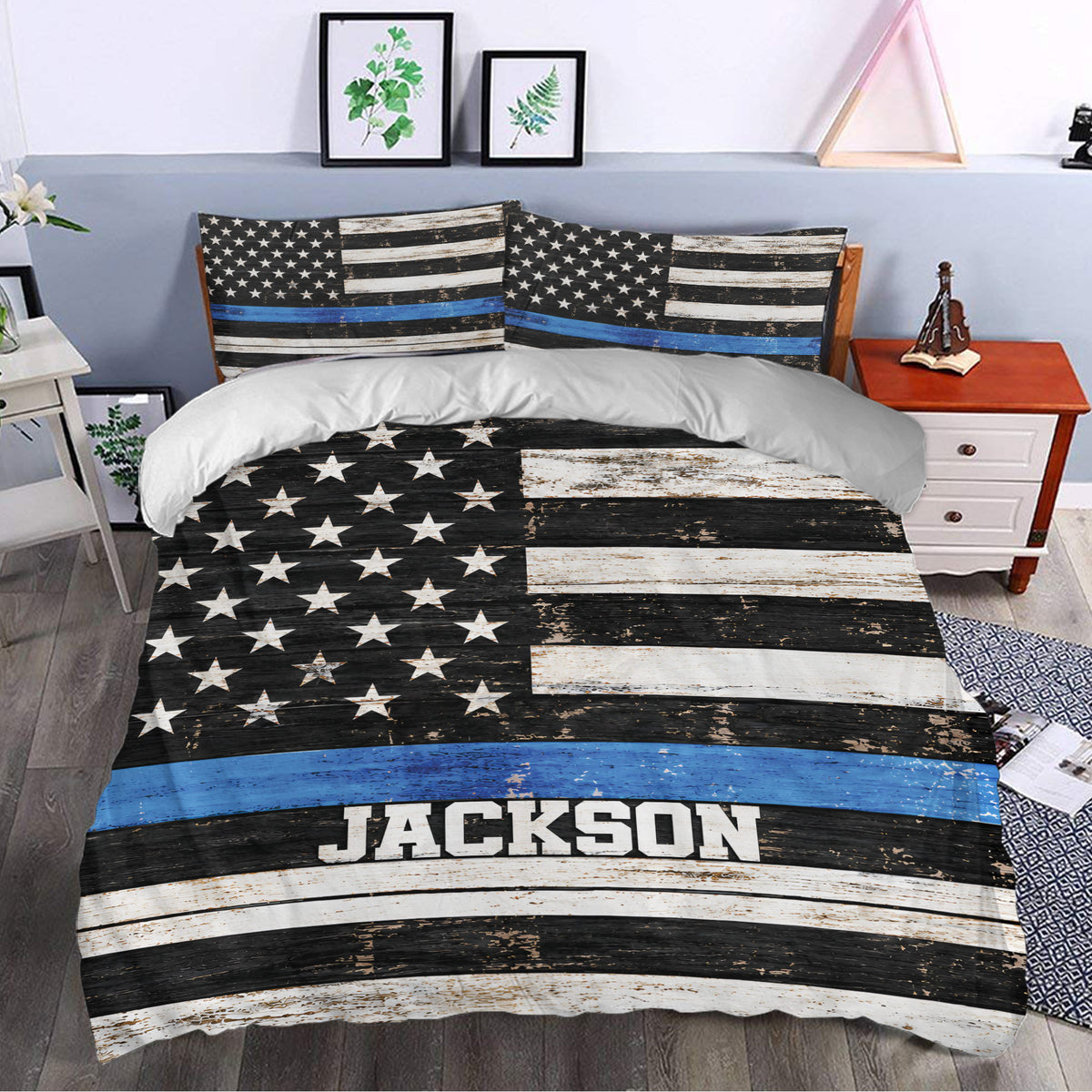 Thin blue line police duvet cover set styled in a modern bedroom with matching pillowcases