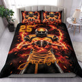 Football duvet cover set displayed on a bed with a fiery player design in black, red, and gold