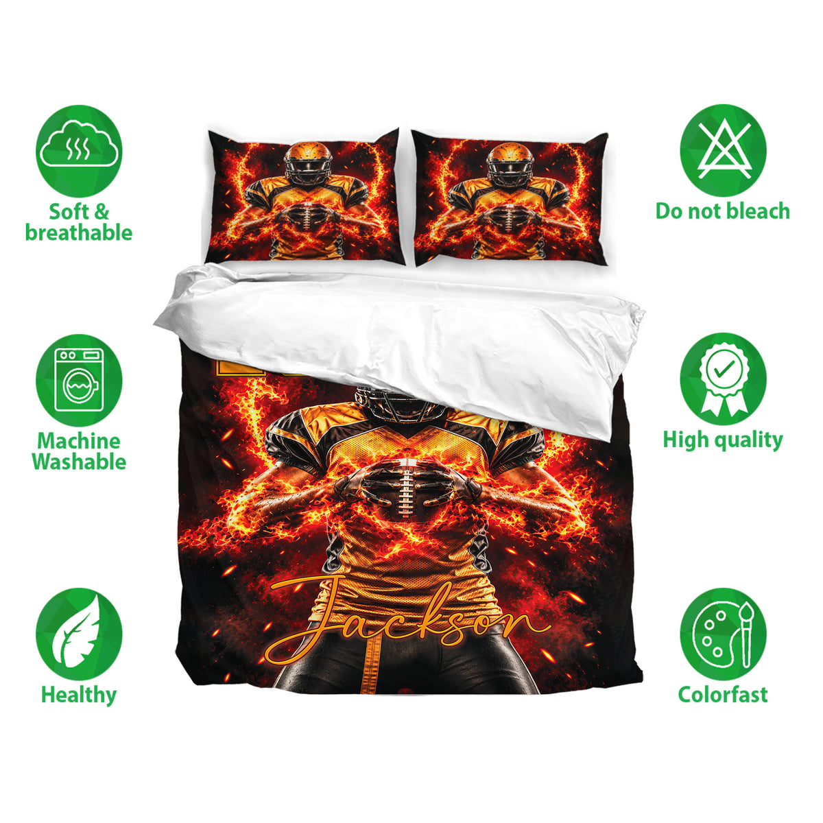Football bedding set with fiery helmeted players, matching pillowcases, and bold black and gold artwork