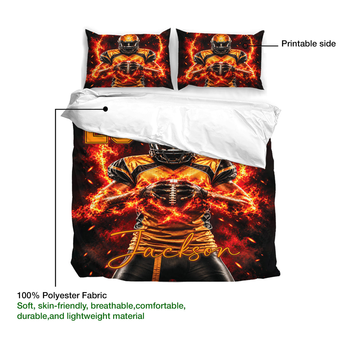 Football duvet cover and pillowcases shown with printable artwork and soft polyester fabric details