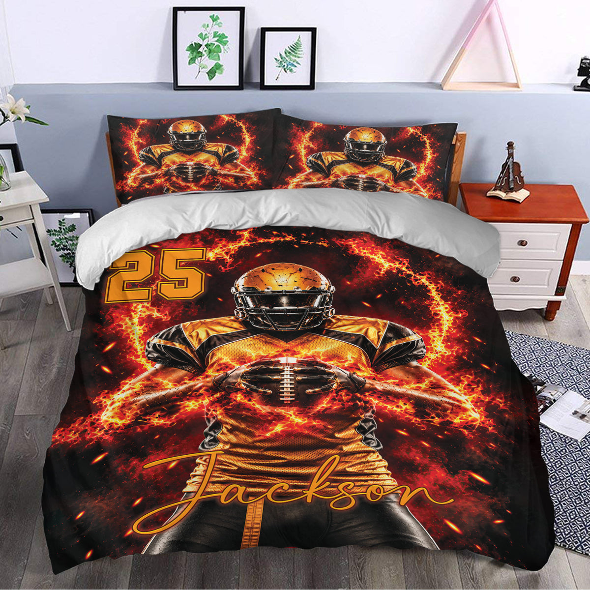 Fiery football duvet cover bedding set styled in a bedroom with matching player pillowcases
