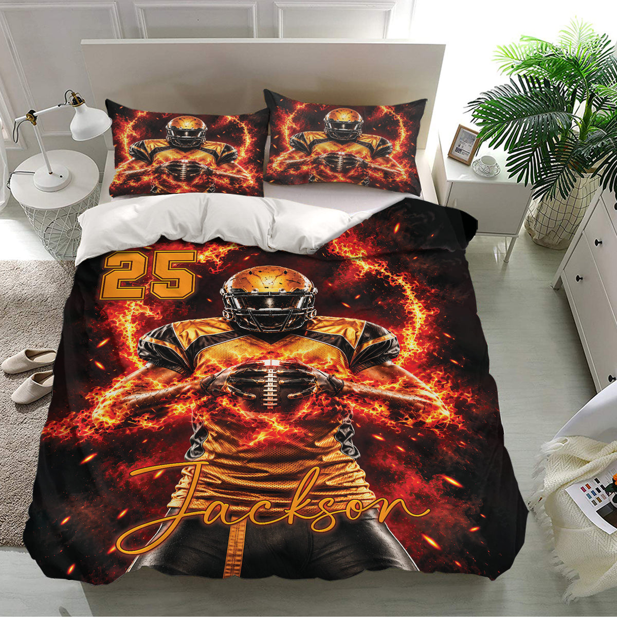 American football bedroom decor featuring a bold red and black duvet cover with gold accents