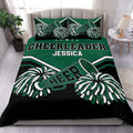 Green and black custom cheerleading duvet cover set displayed on a bedroom with pom-pom artwork