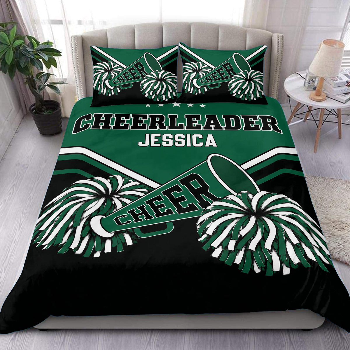 Green and black custom cheerleading duvet cover set displayed on a bedroom with pom-pom artwork